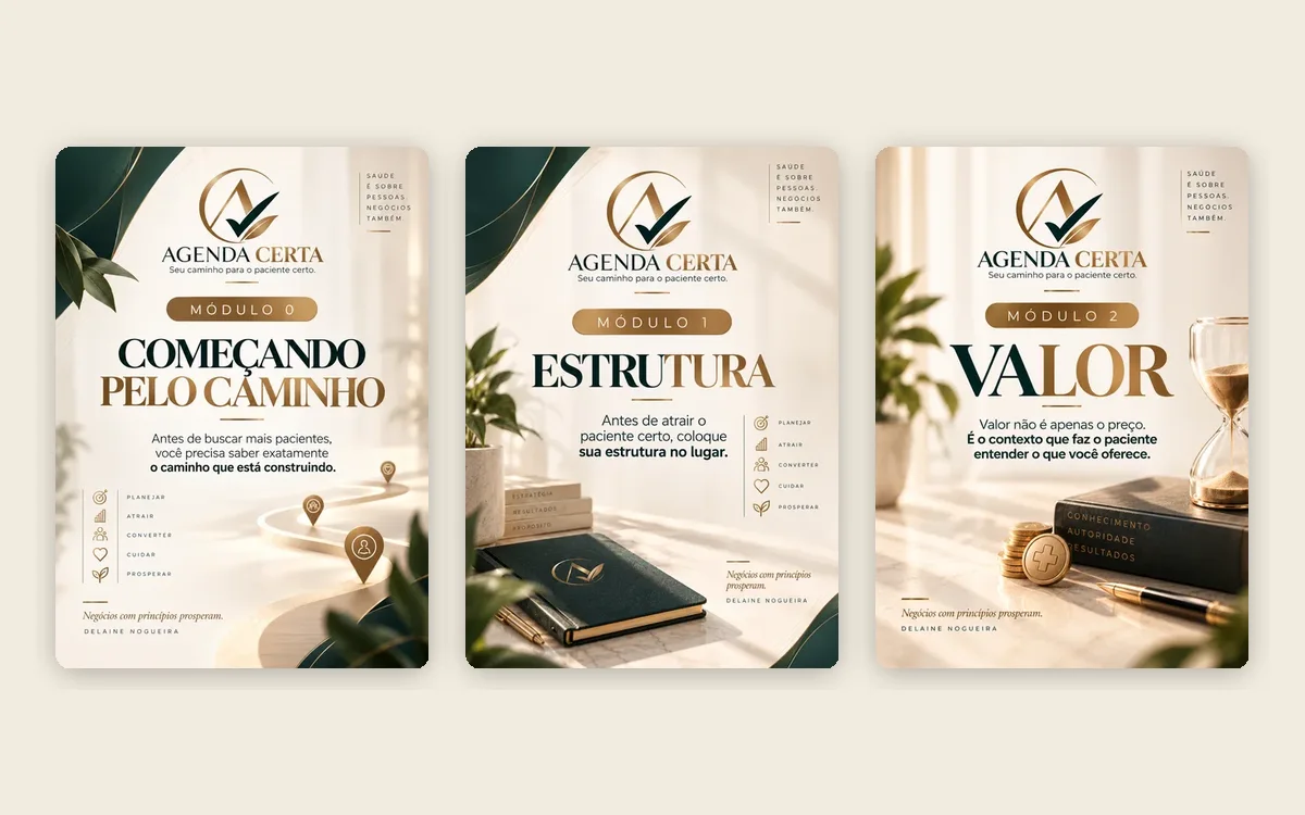 Capas reais dos módulos do treinamento Agenda Certa